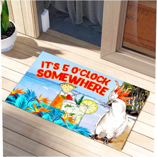 Bnil Its Five O' Clock Somewhere Parrot Mat Vintage Summer Beach House Tropical Bird Coconut Rugs Dries Quickly Front Door Porch Outside Heavy Duty Backing Thick Easy to Maintain Fade Resistant