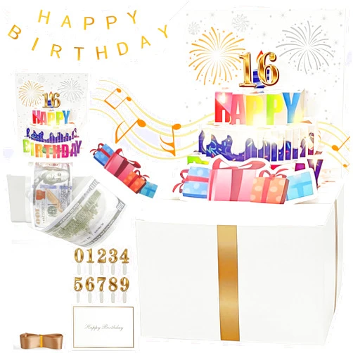 JINSTABAG Birthday Money Box for Cash Gift, Money Pull Box with Music Light 3D Cake and DIY Number Placard for Any Age, Birthday Decorations for Boys Girls Kids Adult (White)