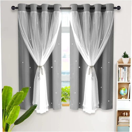 Kinryb Blackout Curtains for Girl Bedroom/Living Room/Classroom, Sheer Overlay Small 2 Panel Set, Double Layer Curtains with Star Cutout for Kids Room(W 52 x L 45 Inches,Grey 2 PCs)