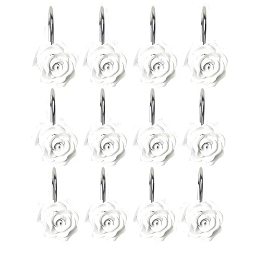 Actpe 12pcs Shower Curtain Hooks, Home Decorative Rustproof Shower Curtain Hooks Resin Rose Flower Shower Hooks Rings for Bathroom Shower Rods Curtains (White)