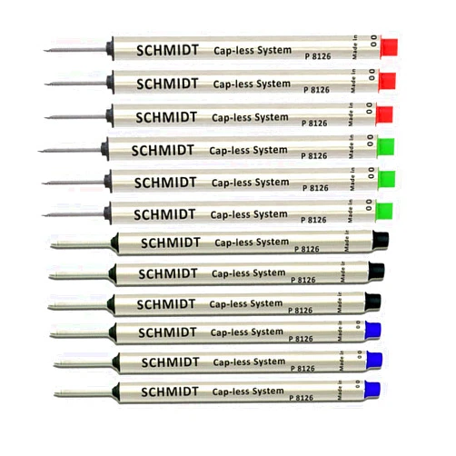 Lanier Pens Pack of 12 - Schmidt P8126 Capless System Rollerball Refill Green/Red/Black/Blue Fine Tip