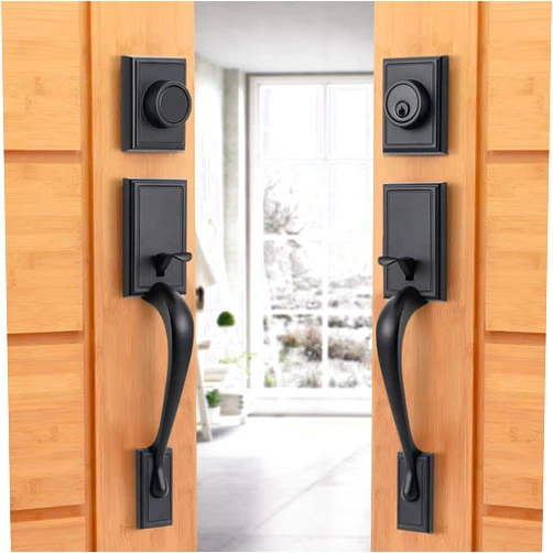 Natsukage Front Door Handle Set Heavy Duty Double Door Lock Set Matte Black Double Door Handle Set with Dummy, with Single Cylinder Deadbolt and Lever Handle, Reversible for Right & Left Handed Doors