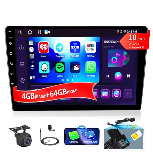 Fuluku 8 Core 4+64GB【Support SIM Card】 Android 13 Car Stereo Double Din Radio with Wireless Carplay Android Auto, 10 Inch Android Radio WiFi, GPS Bluetooth 5.0 AM/FM/RDS Mic Backup Camera EQ DSP