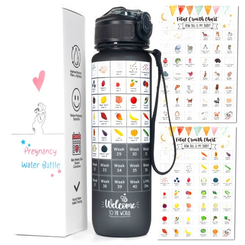 PuGez Pregnancy Water Bottle Tracker(Black), 1st Trimester Must Haves Gift for First Time Moms, with 2 Different Weekly Stickers, Early Essentials Gifts for Pregnant Women, Maternity, BPA Free