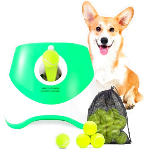 MEKAPLE Automatic Dog Ball Launcher, Dog Ball Thrower with 15 Mini Tennis Balls Sizing 2 Inch and Mesh Bag, Interactive Dog Toys Tennis Ball Launcher for Small Dogs with 3 Distance Settings