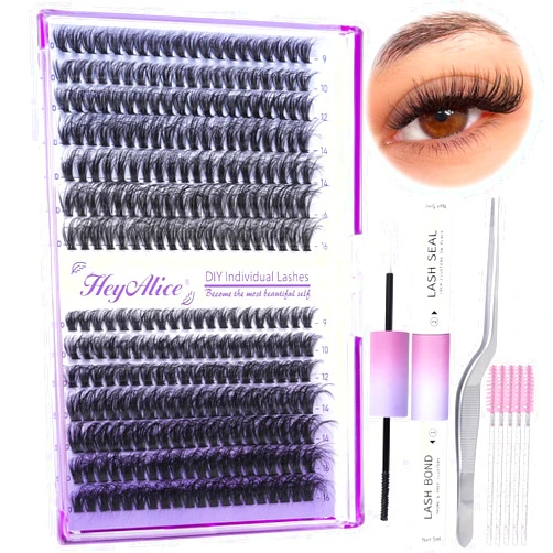 HeyAlice Fluffy Lash Extension Kit 280Pcs Eyelash Extension Kit D Curl Lash Clusters 40D+50D Individual Lashes Cluster Wispy Eyelashes Extension Kit with Lash Bond and Seal and Lash Tweezers(9-16mm)