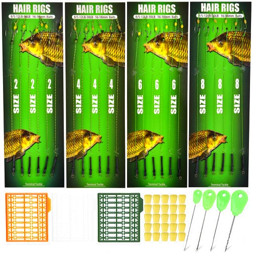 SILANON Carp Fishing Hair Rigs Kit,Boilies Fishing Bait Rig Curved Barbed Carp Hook Swivel Braided Thread Line with Corn Bait Stopper Needle Tool Carp Fishing Equipment Accessories