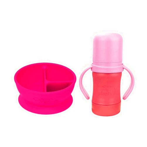 green sprouts - Learning Bowl made from Silicone and Sprout Ware Sip & Straw Cup made from Plants - Bundle (Pink)