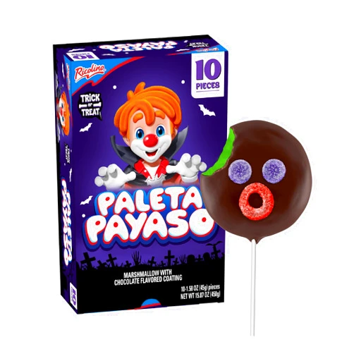 Ricolino Paleta Payasusto 10 ct Box, Chocolate Flavored Marshmallow Lollipop