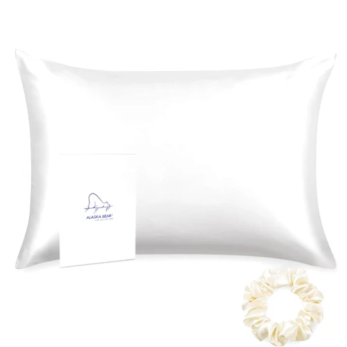 Alaska Bear Silk Pillowcase for Hair and Skin, 100% Mulberry Silk Pillow Cases Queen Size for Beauty Sleep with Random Scrunchy Gift Set Better Than Poly Satin Cover, 1pc, Cool White