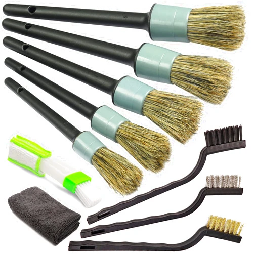 TAKAVU Car Detailing Brush Natural Boar Hair Set, 5pcs Detail Brushes, 3pcs Wire Brush, Air Conditioner Brush & Microfiber Towel for Cleaning Engine, Wheel, Interior, Air Vent, Emblem, Motorcycle