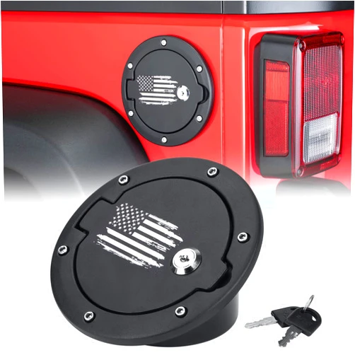 Parfyter Locking Fuel Filler Tank Door Black Lock Gas Cover Cap Compatible with Jeep Wrangler 2007-2017 JK & Unlimited 2 door and 4 door ， US Flag Sticker Accessories+Aluminum+ABS Accessories