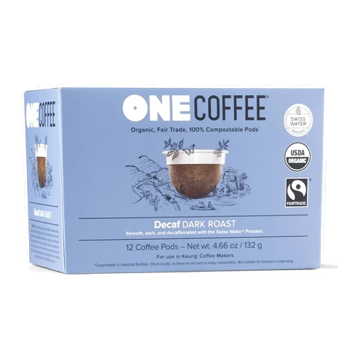 OneCoffee Organic Decaf Swiss Water 12 Count Single Serve Coffee 100% Compostable Pods Made for K-Cup Keurig Brewers - Dark Roast