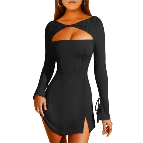GOKATOSAU Women's Long Sleeve Ribbed Cut Out Twist Front Split Bodycon Mini Dress