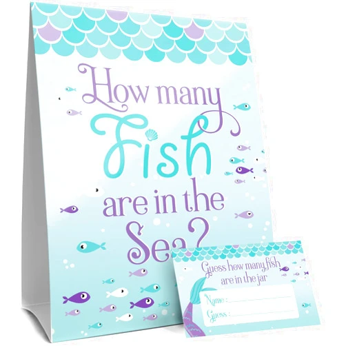 DISTINCTIVS Guess How Many Fish in The Sea Mermaid Party Game (Sign with Cards)