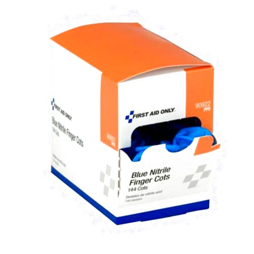 First Aid Only 90922 Blue Nitrile Finger Cots, Disposable Rubber Finger Protectors for Offices, Kitchens, Home, and More, 144 Pack