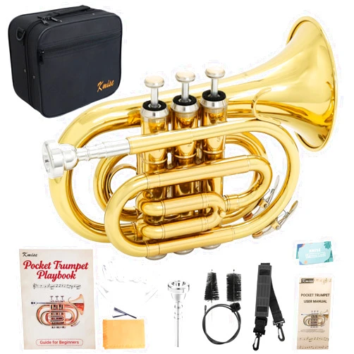 Kmise Bb Portable Pocket Trumpet, Premium Brass Mini Trumpets for Students Beginners, Trumpet Instrument Set with Sturdy Case, 7C Mouthpiece, Beginner's Guide Kit, and Cleaning Kit (Gold Lacquer)