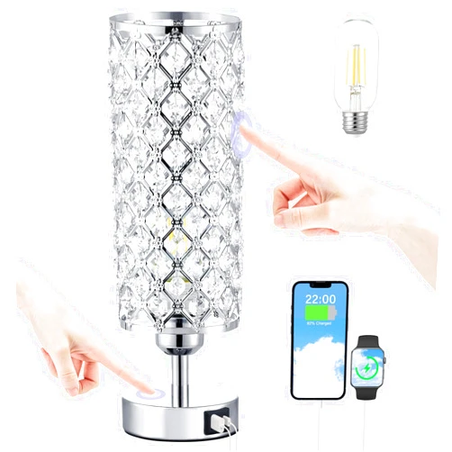 Hong-in Crystal Touch Lamp with Touch Control, Sliver Table Lamp with USB-C+A Ports, 3 Way Dimmable Bedside Lamp Decorative Modern Nightstand Lamp, Bedroom Light for Living Room Side Table(Bulb Included)