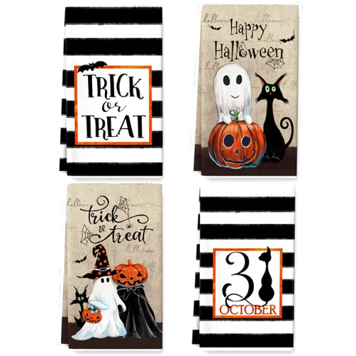 Generic AnyDesign Halloween Kitchen Dish Towel Retro Pumpkin Ghost Black Cat Dishcloth Trick or Treat Hand Drying Tea Towel for Cooking Baking Cleaning Wipes, 18 x 28 Inch, 4pcs