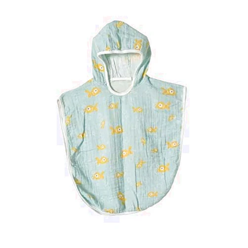 BEBELOP 100% Cotton Muslin Baby Bath Poncho - Soft & Absorbent Hooded Towel for Infants & Toddlers, Lightweight and Breathable, Baby Shower (Fish)