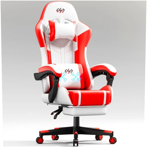 HLDIRECT Gaming Chair, Video Game Chair, Gamer Computer Chair, Ergonomic Gaming Chairs for Adults with Headrest and Lumbar Support, Swivel PU Leather Office Chair, White & Red