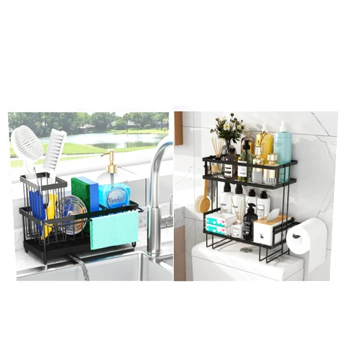 Godboat 2-Tier Over Toilet Storage, Sponge Holder for Kitchen Sink, Bathroom Storage with 2 Hooks & Toilet Paper Holder, Kitchen Sink Organizer with Brush Holder (Black)