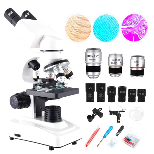 Levhorzn Binocular Microscope for Adults Kids Students, 64X-6000X Microscopes, 3 Objective Lens, Metal-Body Dual LED Illumination, Biological Compound Microscope Kit for School Lab, Homeschool