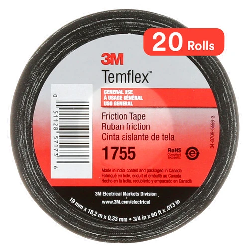 3M Electrical Markets Division Temflex Cotton Friction Tape 1755, Black, 3/4 in x 60 ft (Pack of 20)