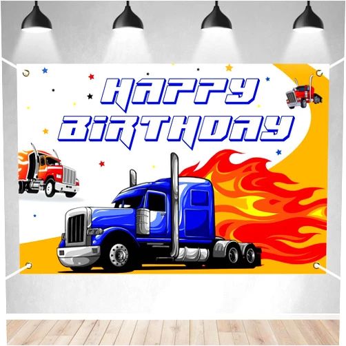 BECKTEN Heavy Duty Trucks Happy Birthday Banner Backdrop Big Truck Photo Booth Cake Background Decor Cartoon Semi Truck Transportation Theme Decor for Kids Birthday Party Supplies 70.8x47.2in-BECKTEN