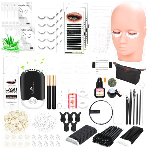 Qinzave Lash Kit for Eyelash Extension Beginners Eyelash Extension Kit with Lash Mannequin Head, Eyelash Extension Practice Starter Kit with Everything USB Fan Lash Glue False Eyelash Lash Shampoo