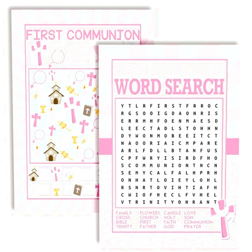 Amanda Creation First Holy Communion Religious Word Search I Spy Fill In Game Cards for Girls, Ten 5