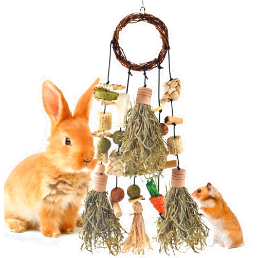 Bissap Rabbit Chew Toy, Bunny Cage Hanging Chewing Toys and Treats Wooden with Snacks for Guinea Pigs Chinchillas Hamsters Rats and Other Small Pets Teeth Grinding (Timothy Hay & Vine)