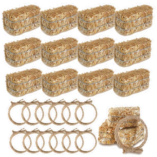 Conelist 24 Pcs Western Themed Party Decorations 12 Mini Decorative Hay Bales with 12 Twisted Hemp Rope for Table Centerpieces Horse Rodeo Fall Harvest Craft, 1.2 x 2.6 x 1.2 Inch Each