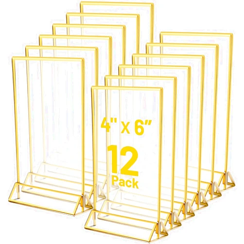 Jeffbaubl 12 Pack Acrylic Sign Holder Gold Borders,4x6 Double Sided Clear Frame Vertical Stand,Menu Display Stand Gold Sign Holders for Wedding Table Number,Restaurant Sign,Menu,Photo