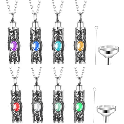 Highergo 8 Pieces Urn Necklace for Ashes Cremation Jewelry Cylinder Crystal Urn Pendant Silver Stainless Steel Memorial Pendant Keepsake with Funnels Ashes Necklace for Women Memory Jewelry