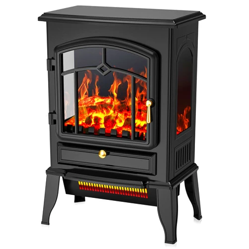 COWSAR Electric Fireplace Stove, Freestanding Fireplace Heater with Realistic Flame, 1000/1500W Fireplace Heater, Overheating Safety Device, Thermostat, Adjustable Flame Brightness