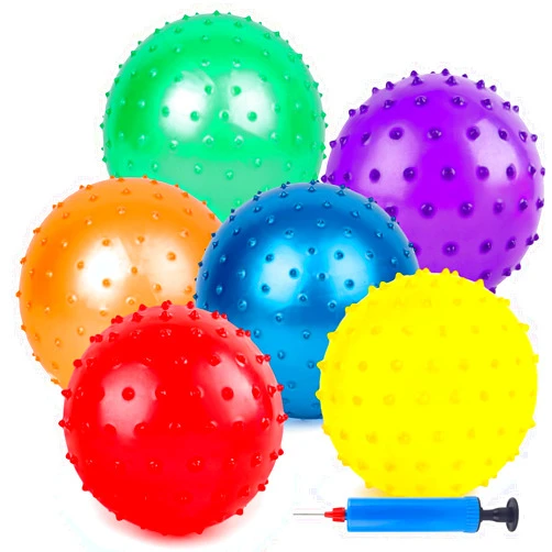 LOVEINUSA 6PCS Bounce Balls Assorted Colors, 12Inch Knobby Balls with Pump Sensory Balls Spiky Massage Balls for Kids Party Favors