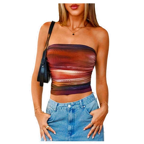 RoseSeek Women's Tie Dye Ruched Strapless Tube Top Sleeveless Fitted Elegant Crop Tops Going Out Bandeau