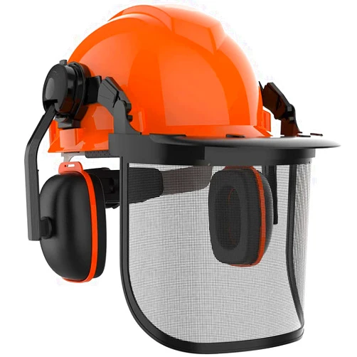 GardenPal Industrial Forestry Safety Helmet and Hearing Protection System, with Mesh Face Protection, Safety Helmet with Ear Muffs, Chainsaw Helmet, Chainsaw Face Shield, Arborist Helmet, (Orange)