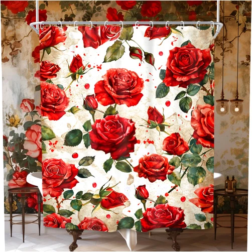 SVBright Red Rose Shower Curtain 60Wx72L Inch Vintage Flower Rustic Burgundy Floral Peony Valentine's Day Retro Plant Elegant Woman 12 Pack Hooks Polyester Waterproof Fabric Bathroom Bathtub Panels