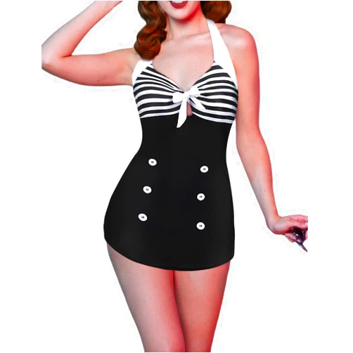Ekouaer Womens One Piece Swimsuits Vintage Striped Skirt Bathing Suit Vintage Retro Push Up Swimwear
