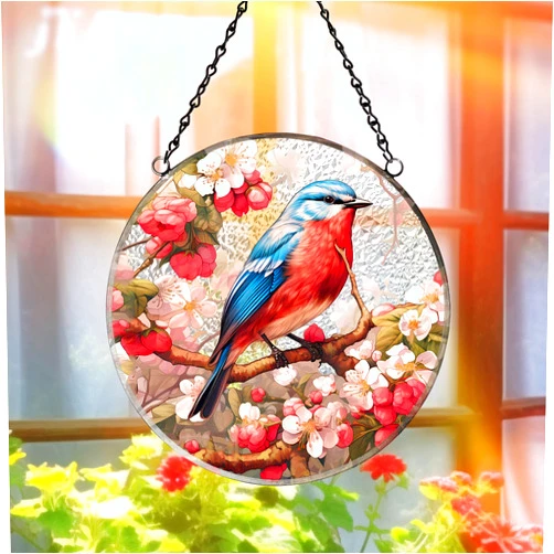 FONMY Glass Window Suncatcher-Blue Bird, Glass Window Hanging Decor.,Blue Bird Suncatchers for Windows, Home & Garden Hand Painted Glass Panel Memorial Gifts for Women,Mom,Bird Lover (6inch)