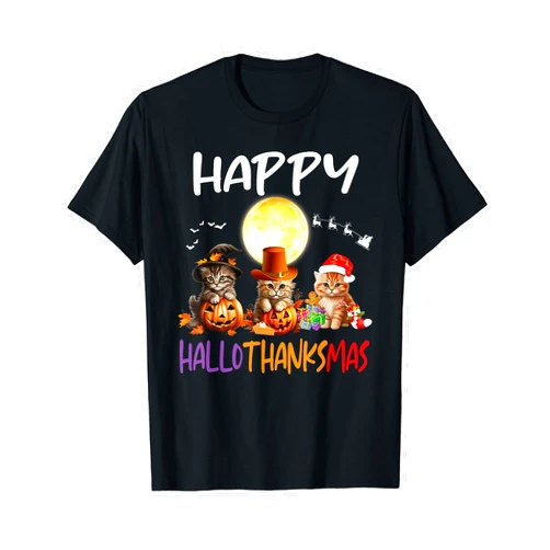Happy Hallothanksmas Cat LoversTees Funny Cat Happy Hallothanksmas Halloween Thanksgiving Xmas T-Shirt
