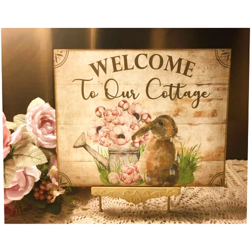 Fmrsok Welcome to Our Cottage, Bunny Rabbit Tin Signs Retro Plaque Wall Decor Gift for Home Kitchen Office Club Bar Gym 8x12 Inches