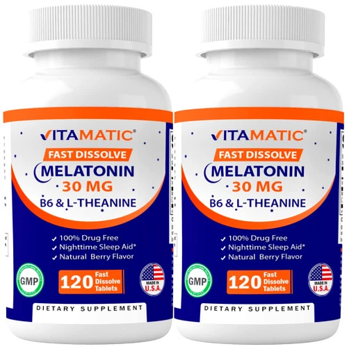 Vitamatic Melatonin 30 mg - with B6 & L-Theanine - 120 Fast Dissolve Tablets with Natural Berry Flavor (2 Tablets Dose = Melatonin 60 mg) (120 Count (Pack of 2))