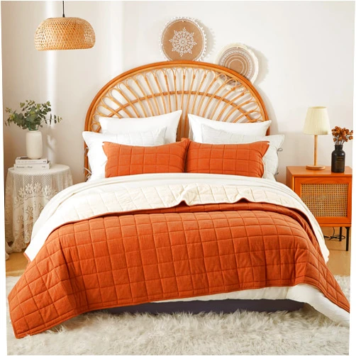 Softpage Burnt Orange Twin Quilt， Cotton Linen Twin Quilt Bedding Set，3-Pieces Quilted with Cream Stripe Coverlet Lightweight Bedding Comforters with 2 Pillow Shams