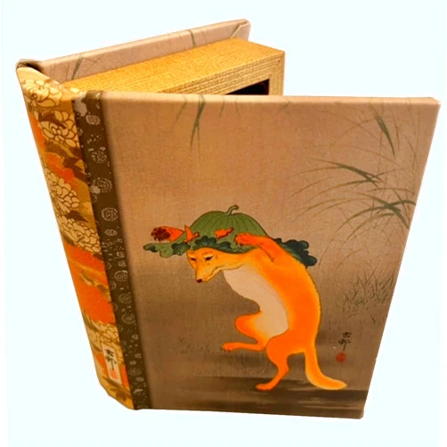 Enchanted WORL OF BOXES Dancing Fox with Lotus-Leaf Hat Book Box Decorative Secret Book Box Japanese Keepsake Artwork by Shoson Ohara