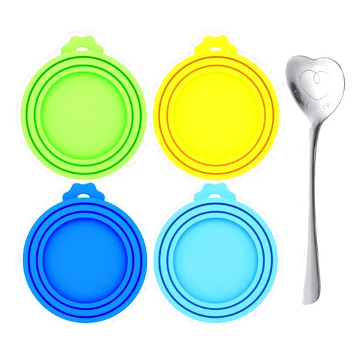 Comtim Pet Can Covers/Dog Cat Food Can Lids Covers/Silicone Can Lids Universal Size Fit All Standard Size Dog and Cat Can Tops/4 Pack & 1 Pet Food Spoon