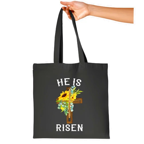 God2life He Is Risen Jesus Christ Cross Easter Sunday Gift for Believers Christians Navy Black Multicolor Canvas Tote Bag