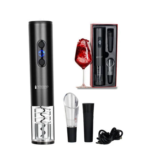 NEWLAND DRINKWARE- Rechargeable Electric Wine Bottle Opener With Lockable Foil Cutter, Vacuum Wine Stopper, and Wine Aerator Pourer Gift Box Set (Black)